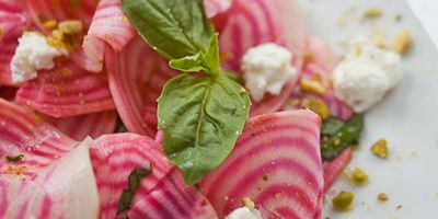 Candy Cane Beet Salad with Pistachios & Goat Cheese