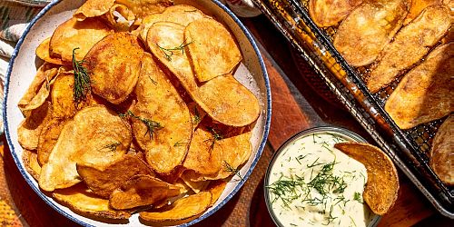 Air Fryer Russet Potato Chips with Garlic Yogurt Dip