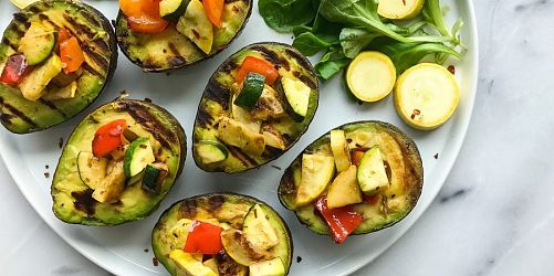 Charred Avocados Stuffed with Grilled Zucchini & Roasted Red Pepper